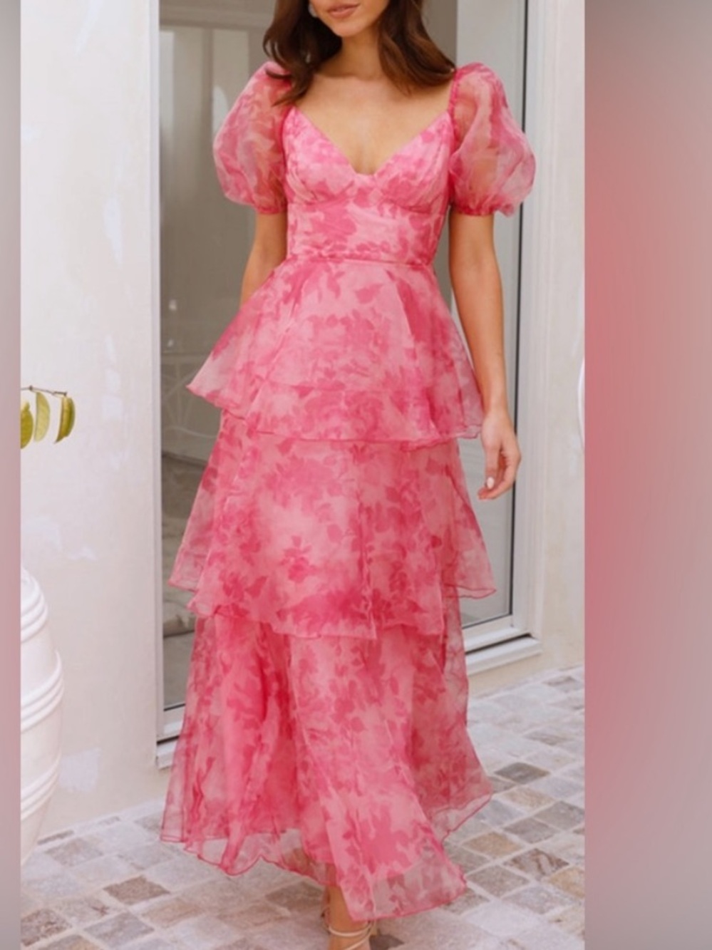 CHERLEY Pink Floral Tiered Puff-Sleeve Maxi Dress
